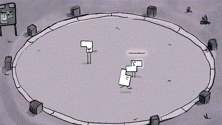 Concept art d'une scène du jeu avec le principe de place publique comme décor